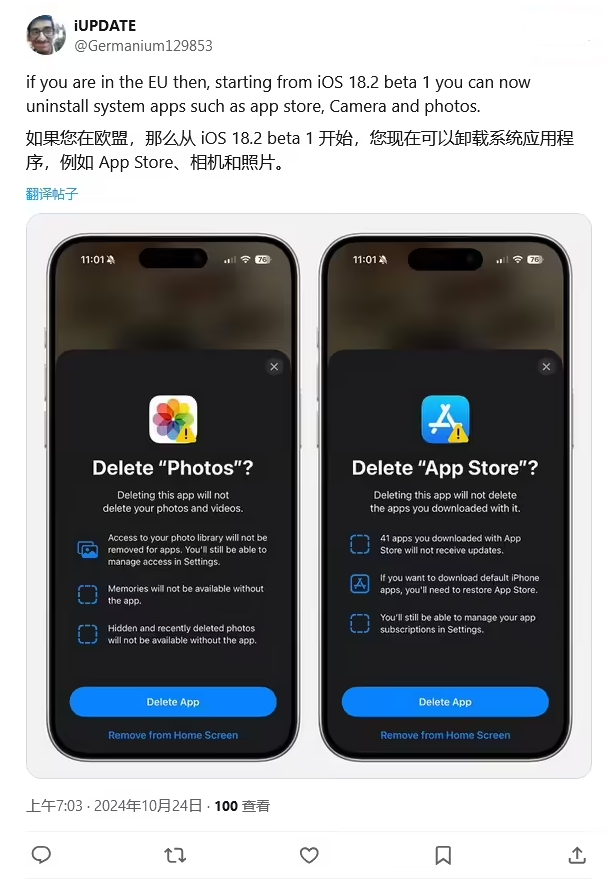 邦溪镇苹果手机维修分享iOS 18.2 支持删除 App Store 应用商店 