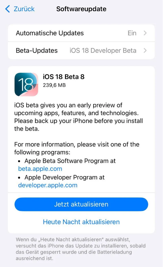 邦溪镇苹果手机维修分享苹果 iOS / iPadOS 18 开发者预览版 Beta 8 发布 